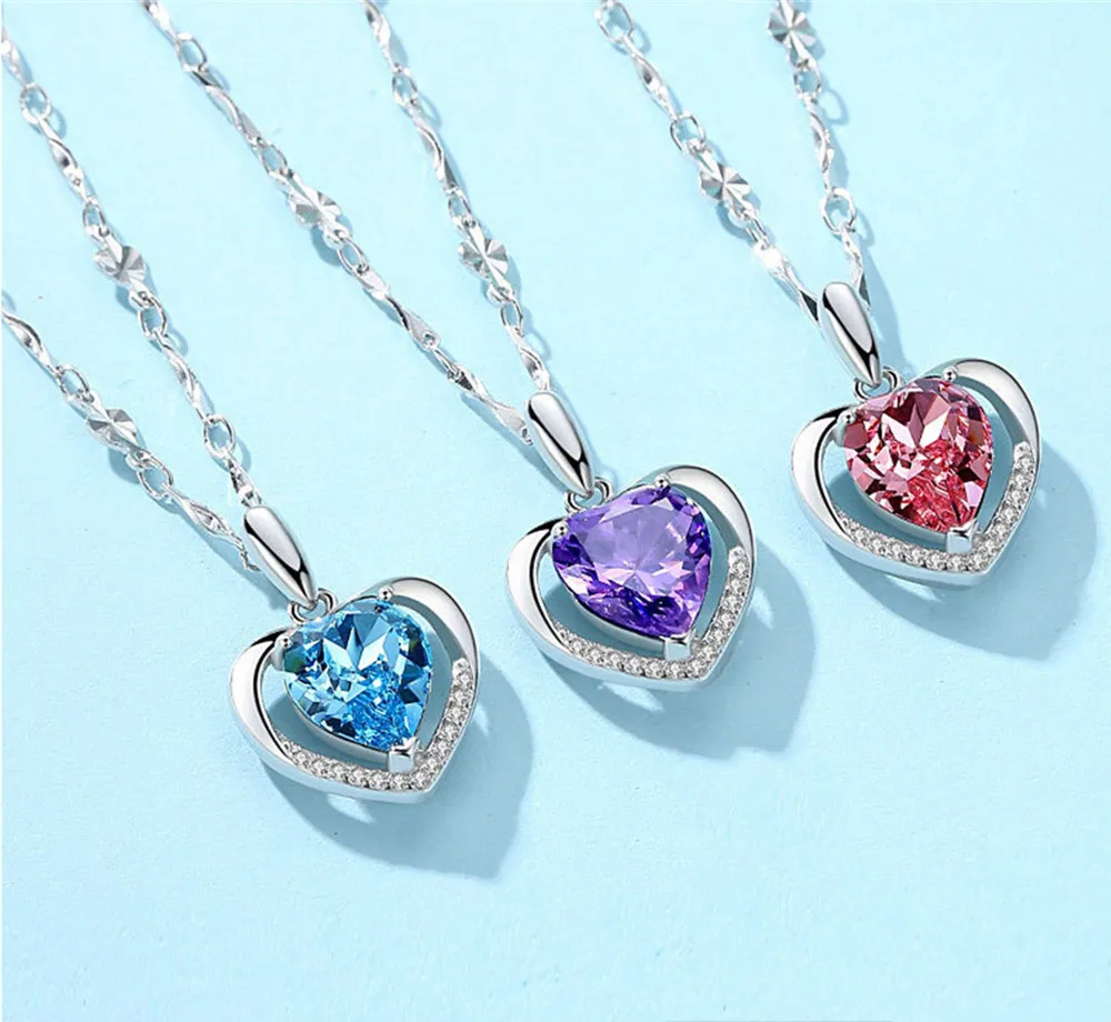 Сердце Аквамарин Синий Фиолетовый аметист розовый хрустальный каменный кулон ожерелье для женщин Циркон бриллиант серебро белый золотой подарок