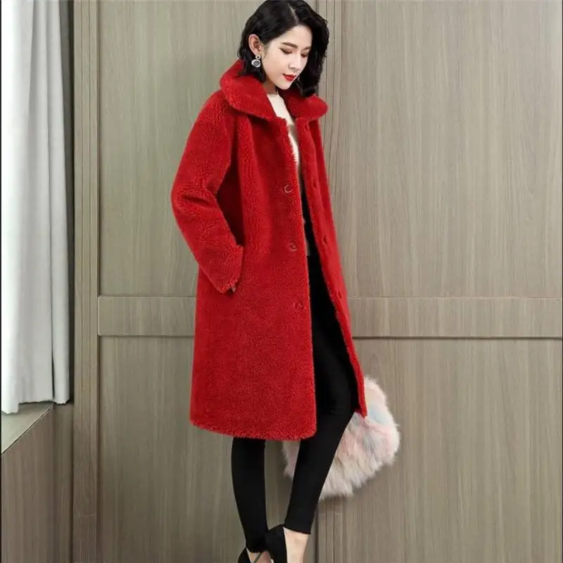 Женское пальто из натурального меха, Осень-зима, Женская длинная куртка из натуральной овечьей шерсти, женская теплая толстая верхняя одежда из овечьей шерсти N229