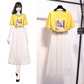 

2020 Latter Character Print T-Shirts 2 Piece Set Women Mesh Mid-calf Swing Skirt Casual School Sweet Suit Dress
