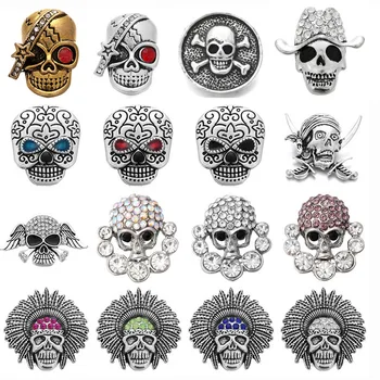 

6pcs/lot New Snap Jewelry 18mm Snap Buttons Mixed Crystal Rhinestone Skull Metal Snaps for Snap Button Bracelet