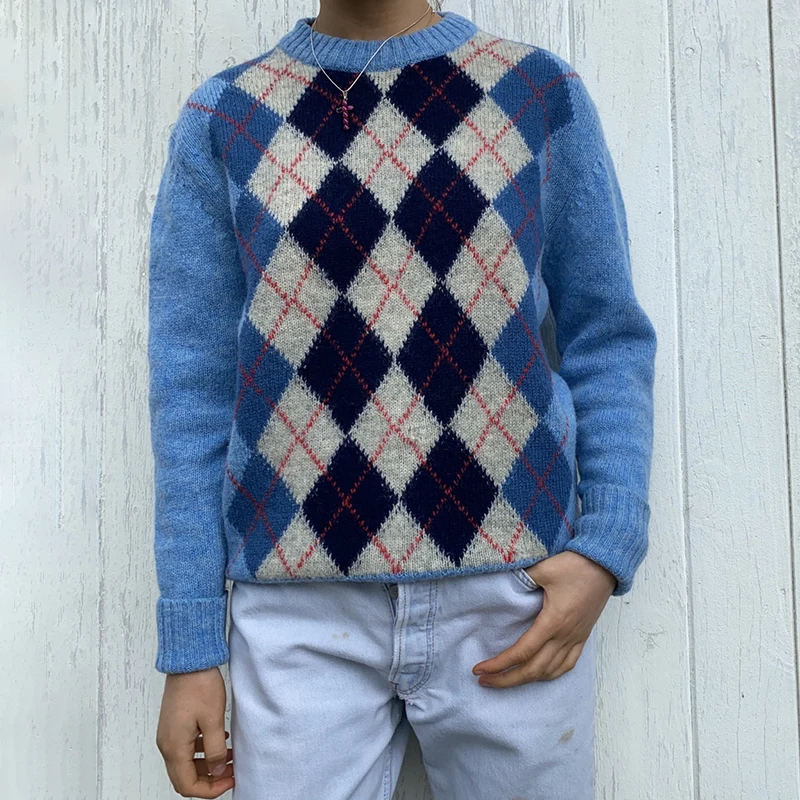 

Vintage Argyle Geometric Knitted Sweater Women 2020 Autumn England Style Plaid Warm O-Neck Long Sleeve Pullover y2k Tops Jumper