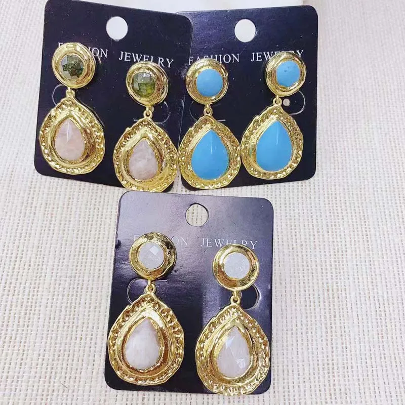 

ZLH Mix Color New Natural Semi-precious stones Shiny Handing Earrings Drop Dangle Earring For Girl 3pairs 24 carat Gold