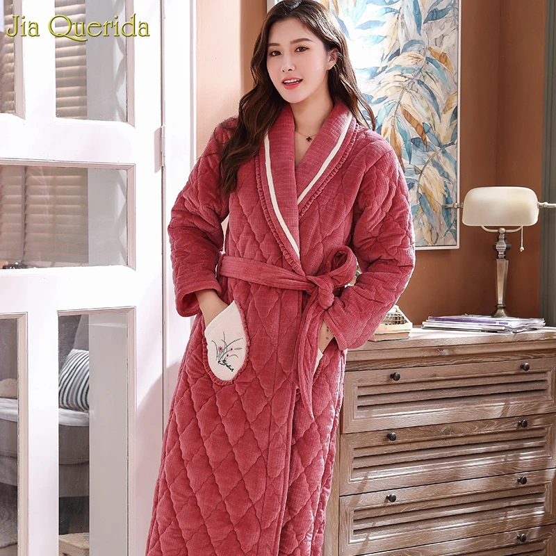 Женские халаты пижамы зимний бархатный халат 3 слоя мягкий тиснение узор флис