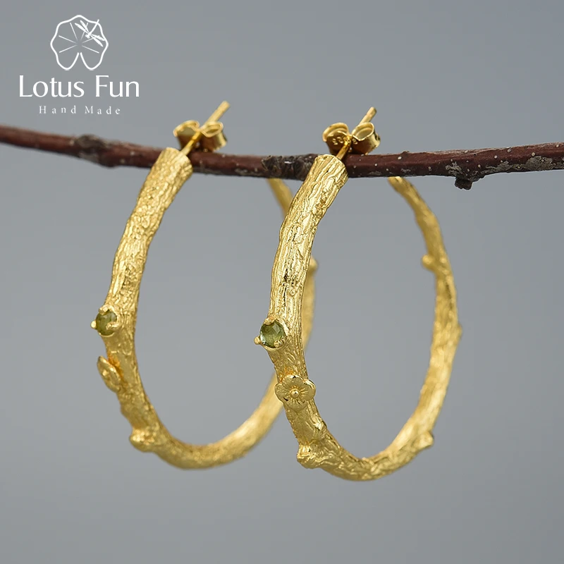 Золотой Lotus Fun Настоящее 925 пробы серебро натуральный Перидот оригинальные ювелирные изделия ручной работы винтажные модные серьги обруча для женщин Brinco - Цвет камня: Золотой