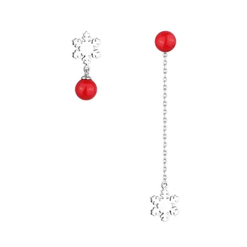 

LISM 925 Sterling Silver Korean Snowflake Snowflower Red Beads Asymmetric Earrings For Women Christmas Drop Earrings