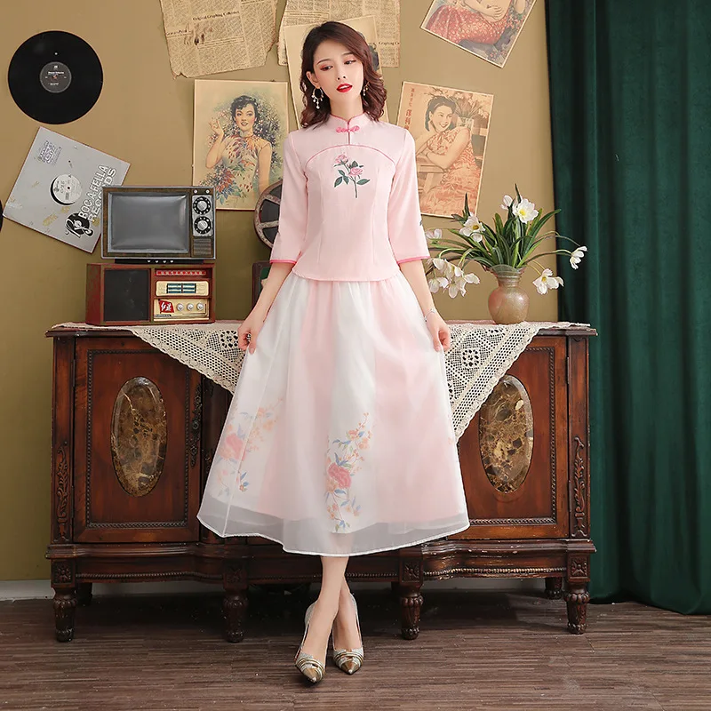SHENG COCO традиционная китайская женская одежда хлопок Hanfu чехонг-костюм Элегантный вышитый современный розовый Roupa Восточный 3XL