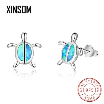 

XINSOM Cute Turtle 925 Sterling Silver Earrings For Women Gilrs Elegant Blue Opal Stud Earrings Party Wedding Jewelry 20XS884