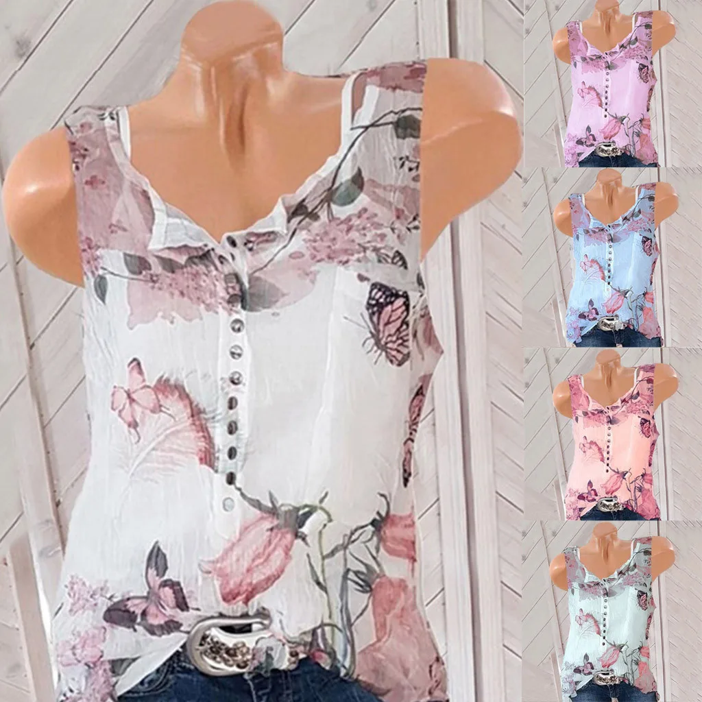 

Women's Summer Sleeveless Loose Button Printed Chiffon Top Blouse