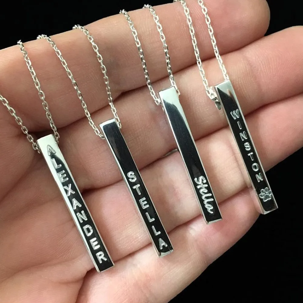 Engraved Sterling Silver Vertical Cube Necklace