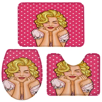 

3 Pieces Bathroom Set Cartoon Sexy Female Marilyn Monroe Bath Set Toilet Cover Mat Pedestal Rug Non-Slip Bathroom Rug Set