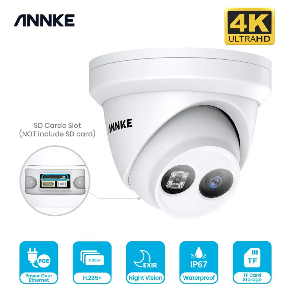 ANNKE 1PC Ultra HD 8MP POE Camera 4K Outdoor Indoor Weatherproof Security Network Dome EXIR Night Vision Email Alert CCTV Camera