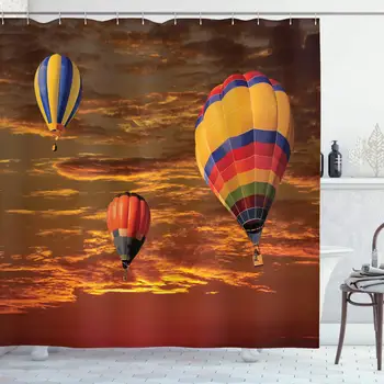 

Balloon Shower Curtain, Skyscape Photo at Cloudy Sunset Time with Colorful Hot Air Vehicles Image, Cloth Fabric Bathroom Decor