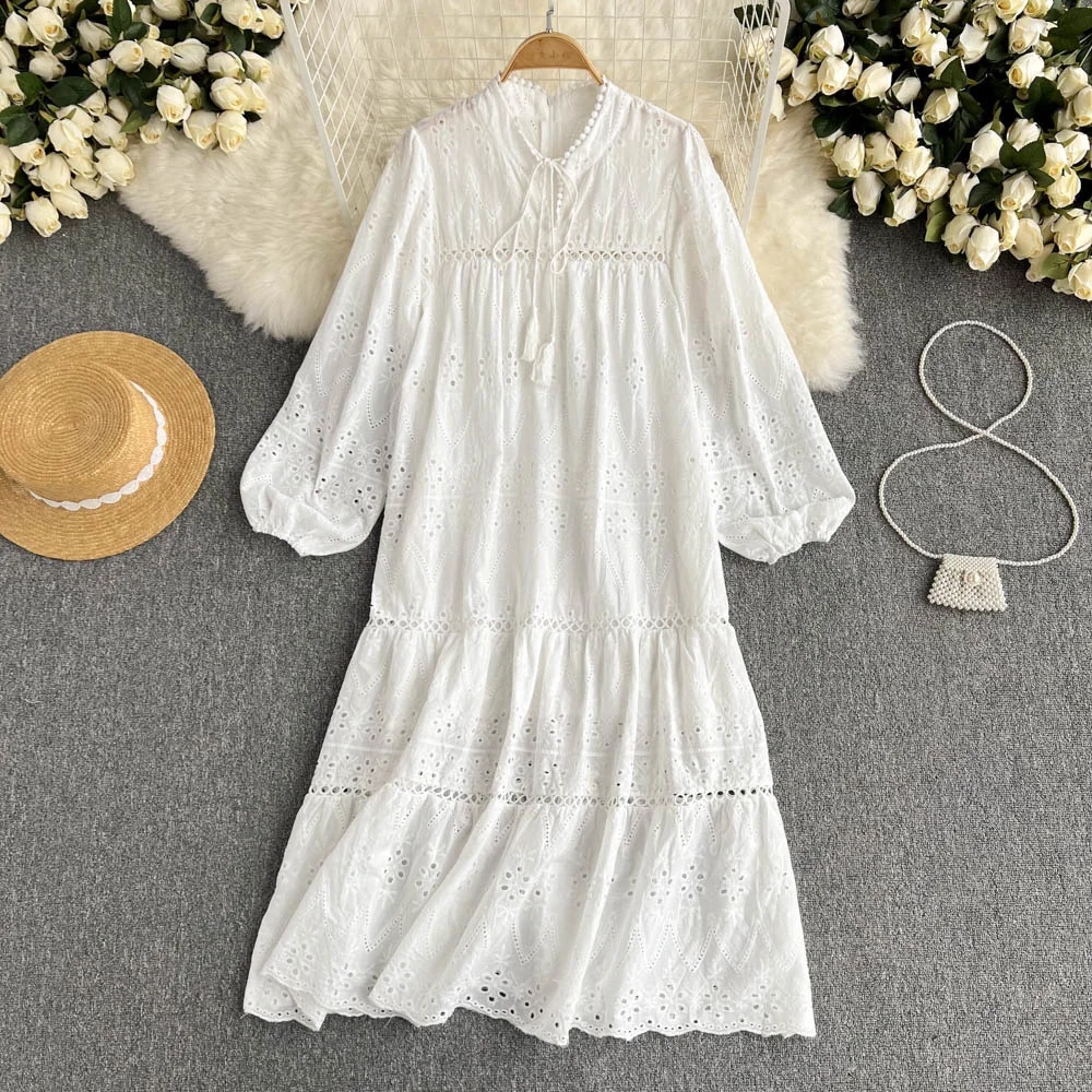 

Hollow Out Flower Embroidery Loose White Cotton Dress Women 2022 Summer Autumn Sweet Lantern Sleeve Elegant Fashion Dress Mom