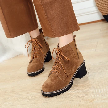 

Mobetty Matte Leather High-heeled Ankle Boots Retro Lace-up Matin Boots Versatile Plus Velvet Heel Short booties Botines Mujer