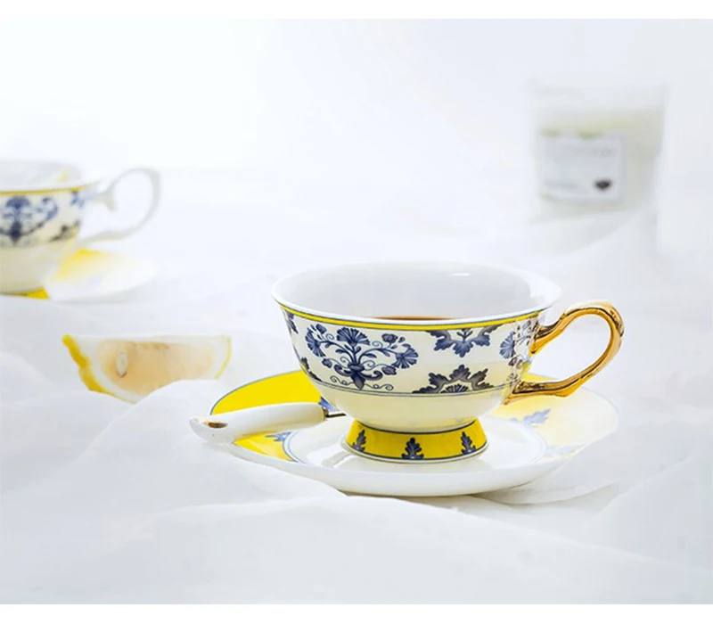 Высококачественный костяной фарфор чайная чашка с блюдцем синий и белый Пномпень керамическая кофейная чашка послеобеденный чай чашка с ложкой