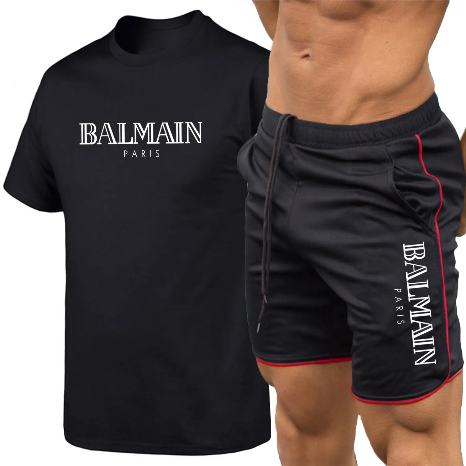 

Europe And America Summer Men's Hot Selling Printed Pure Cotton Sports Short-sleeved T-shirt + Red Edge Mesh Breathable Shorts S