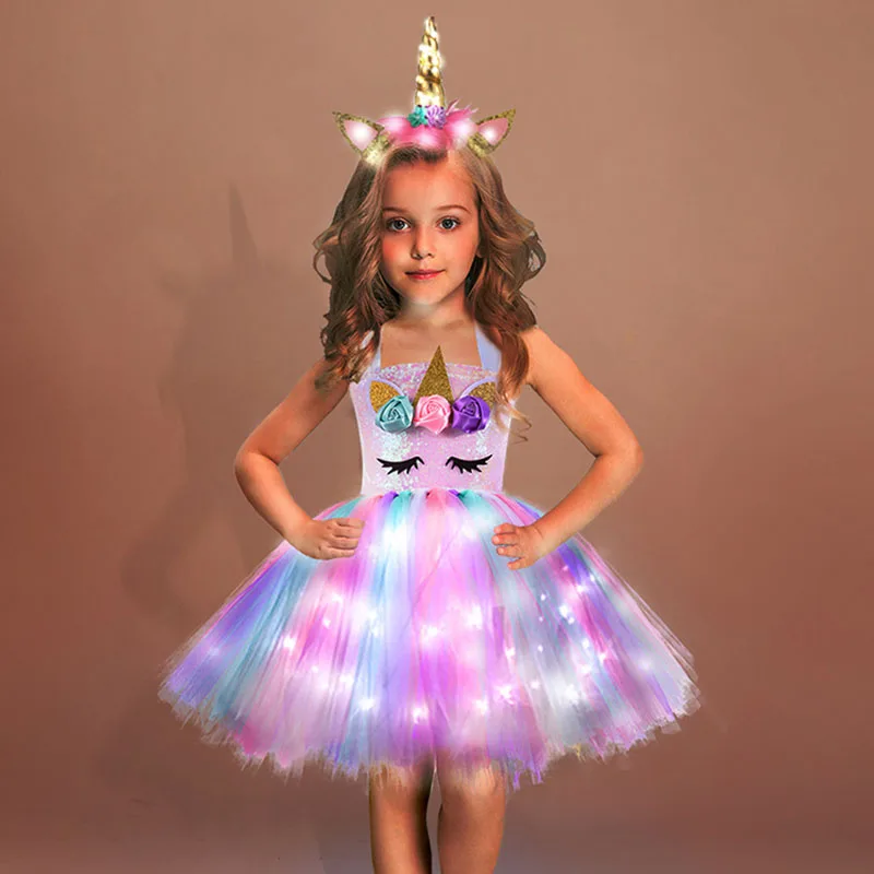 Girls Shiny Unicorn Tutu Dress Glowing Kids Unicorn Dresses For Girls Hallowmas Party Princess Dress Children Clothing vestidos