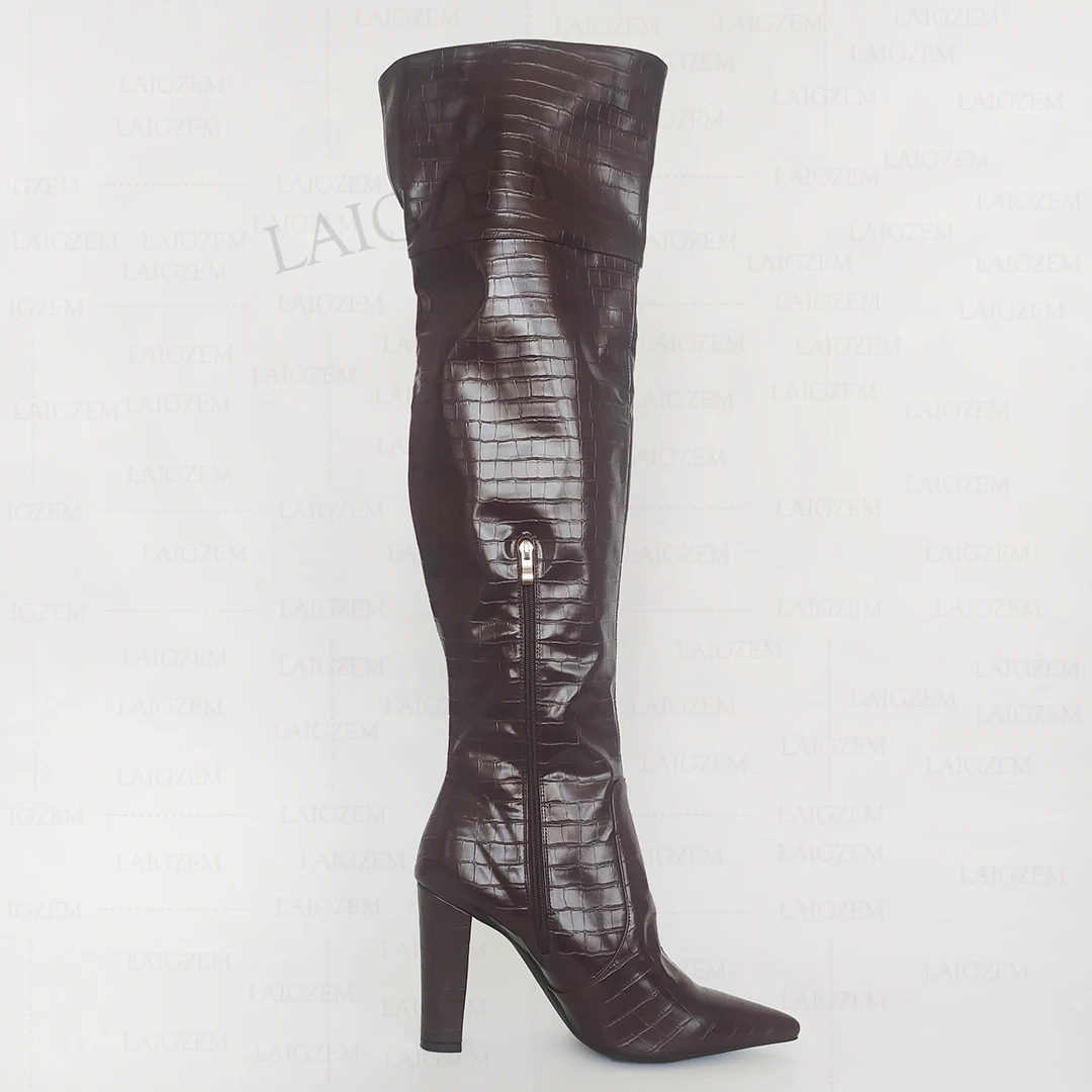 

SEIIHEM Women Over Knee High Boots Side Zipper Thick Block Heels Boots Tall Faux Leather Handmade Shoes Woman Big Size 41 43 47