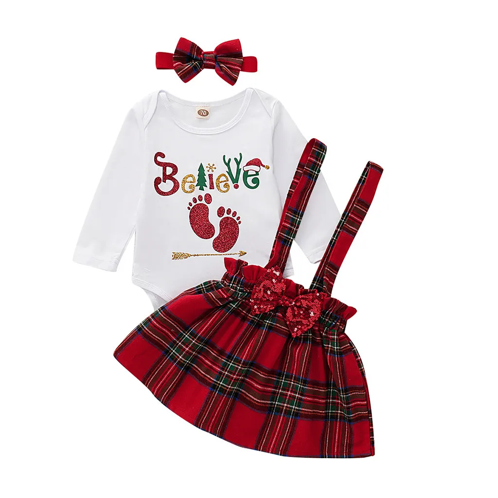 Jurken/зимняя Рождественская одежда для маленьких девочек; Рождественский комбинезон с надписью+ сарафан в клетку; юбки+ повязки на голову; комплекты с длинными рукавами - Цвет: White