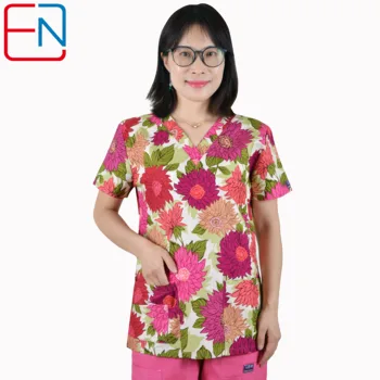 

180403 NEW Hennar Women Scrub Top With V-Neck 100% Cotton Print Surgical Medical Uniforms Hospital Nurse Scrub Tops For Women