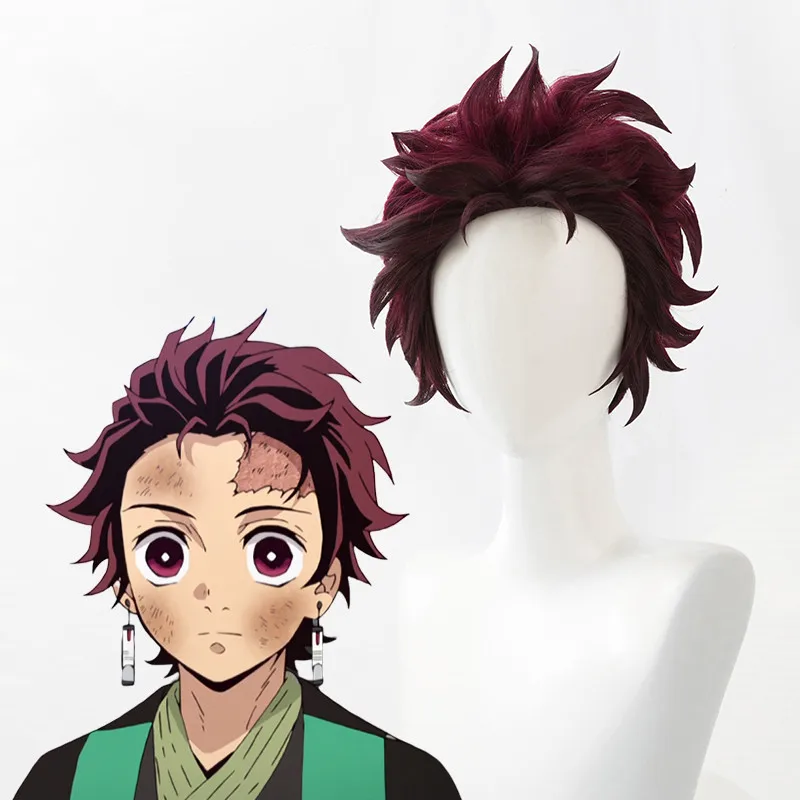 

Demon Slayer: Kimetsu no Yaiba Tanjiro Kamado Short Chestnut Brown Heat Resistant Hair Cosplay Costume Wig + A Pair Of Ear-Rings