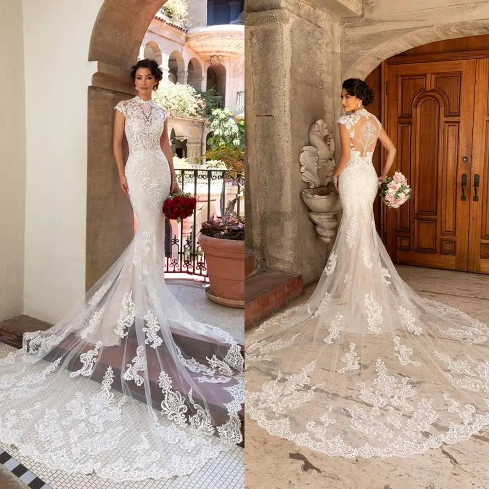 

2021 Wedding Dresses High Collar Lace Appliques Mermaid Bridal Gowns Capped Sleeves Button Back Wedding Dress Vestidos De Novia