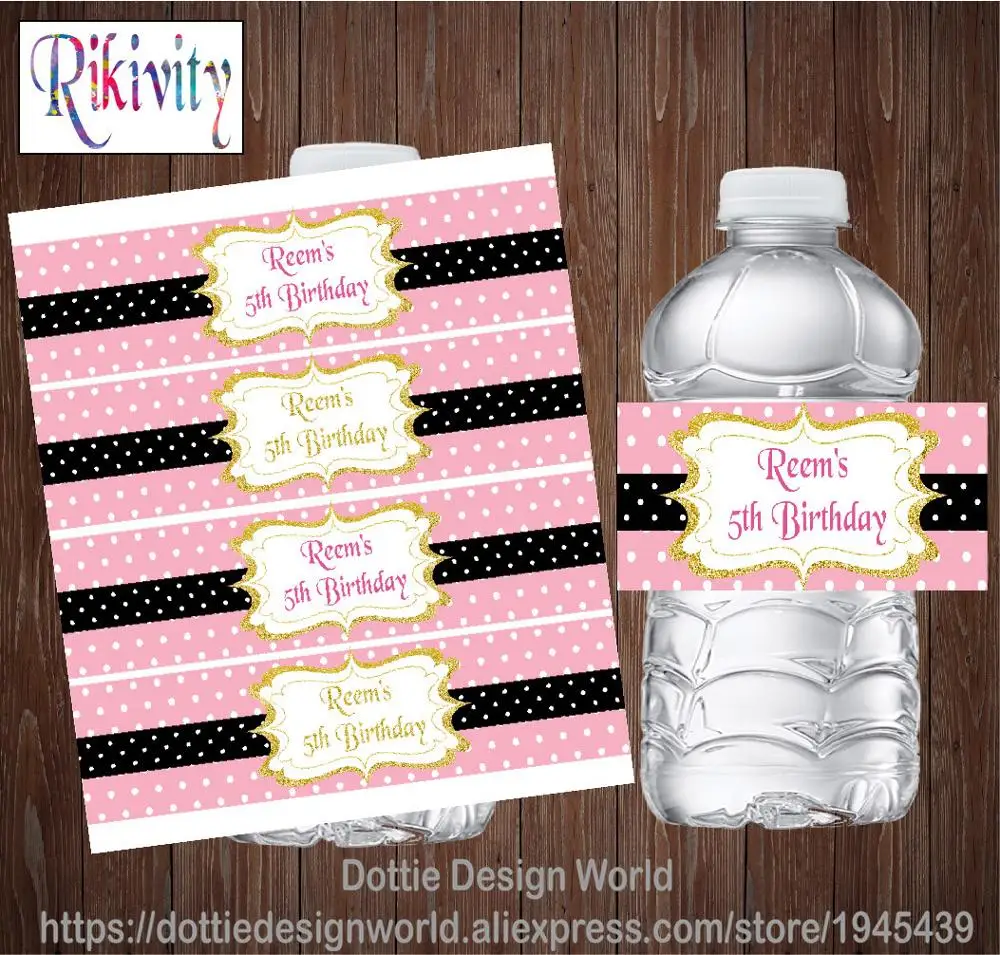 Custom Pink Black Polka Dots Water Bottle Wine Labels Waterproof Candy Bar Wrapper Sticker Birthday Party Baby Shower Decoration | Дом и сад