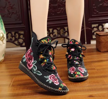 

Womens Chinese style Lace Up Flats jogging Embroidered Floral Canvas High-top Shoes Ankle Boots Black Red C918