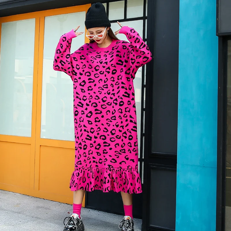 Women Elegant Ruffle Spliced Sweater Long Dress O-Neck Leopard Knitted Wear Plus Size Loose Pullovers Dresses | Женская одежда