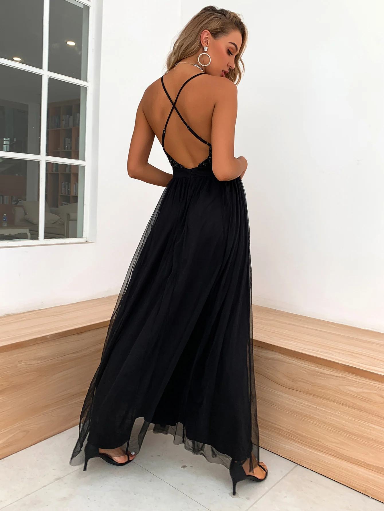 PFFLOOK Mesh Sequin Sexy Maxi Dress Women Deep V Neck Cross Back Backless Long Dress Elegant Sleeveless Solid Summer Party Dress