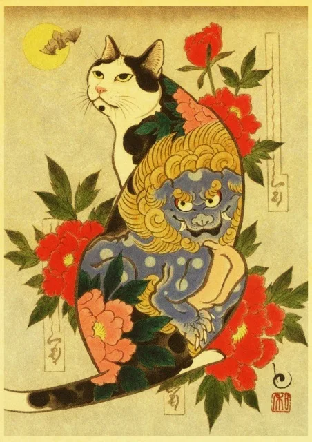 Vintage-Japanese-samurai-cat-tattoo-cat-retro-posters-kraft-wall-paper-High-Quality-Painting-For-Home.jpg_640x640 (17)