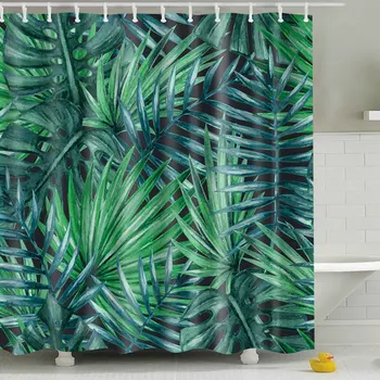

Green Tropical Plants Shower Curtain For Bathroom Shower Waterproof Polyester Curtain Leaves Printing Curtains With 12 Hooks