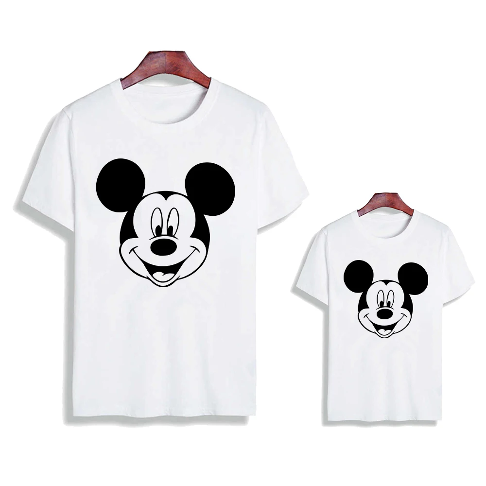 La familia de verano de ropa Harajuku moda Niño lindo impresión cabeza de Mickey Mouse T camisa pantalón corto Casual manga Unisex adulto camiseta