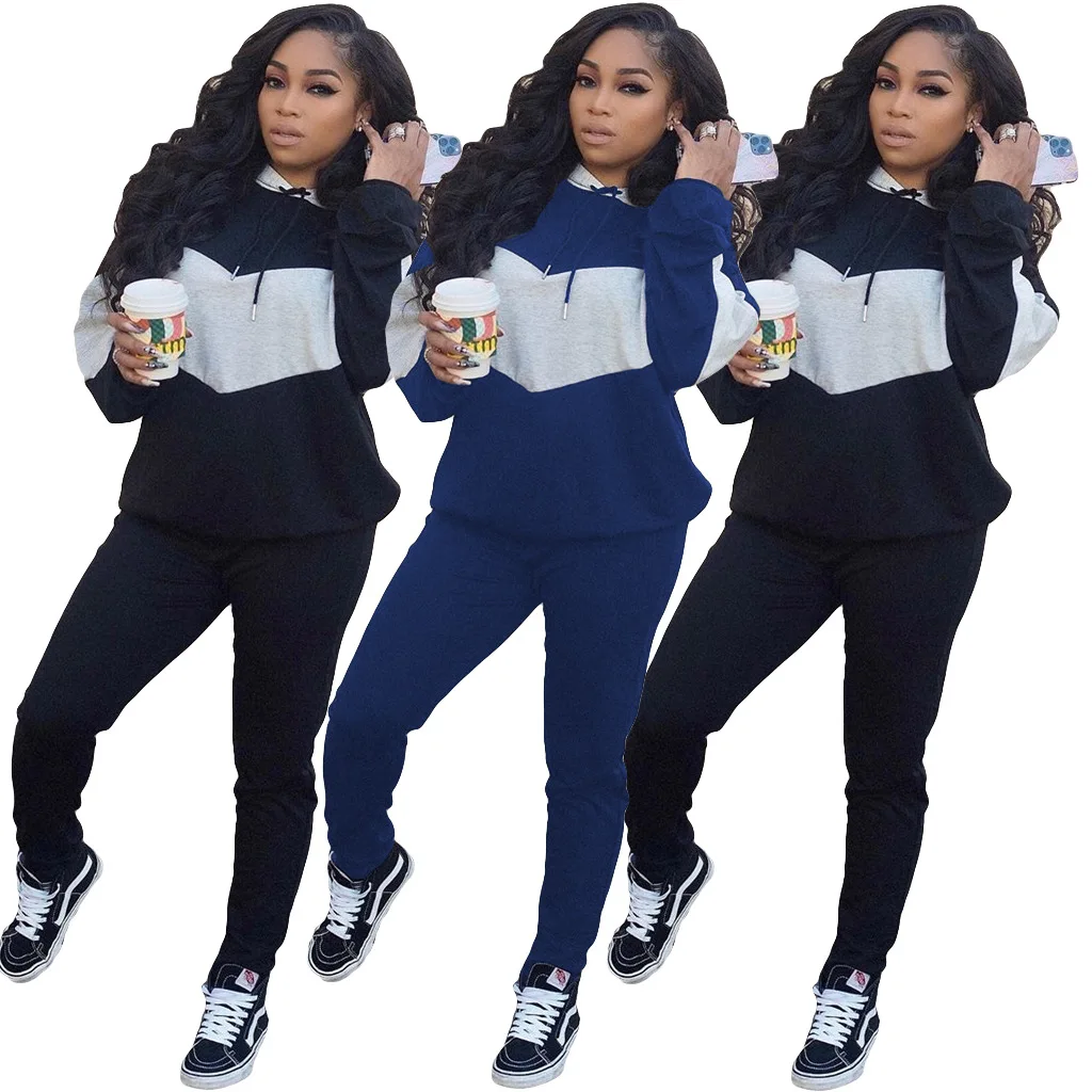 

2020 Autumn Women Sports Suit Hot Style Patchwork Drawstring Hoodie & Trousers European and American Fashion Casual 2 Piece Set