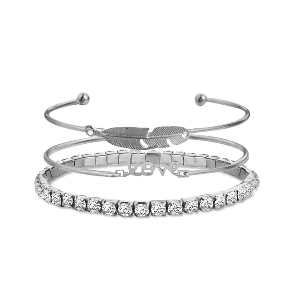 3 шт./компл. Ретро Браслеты-шармы в форме листа с надписью «Love» с украшением в виде кристаллов Регулируемый Серебряный браслет набор Для женщин блестящие модные, подарок на день Святого Валентина