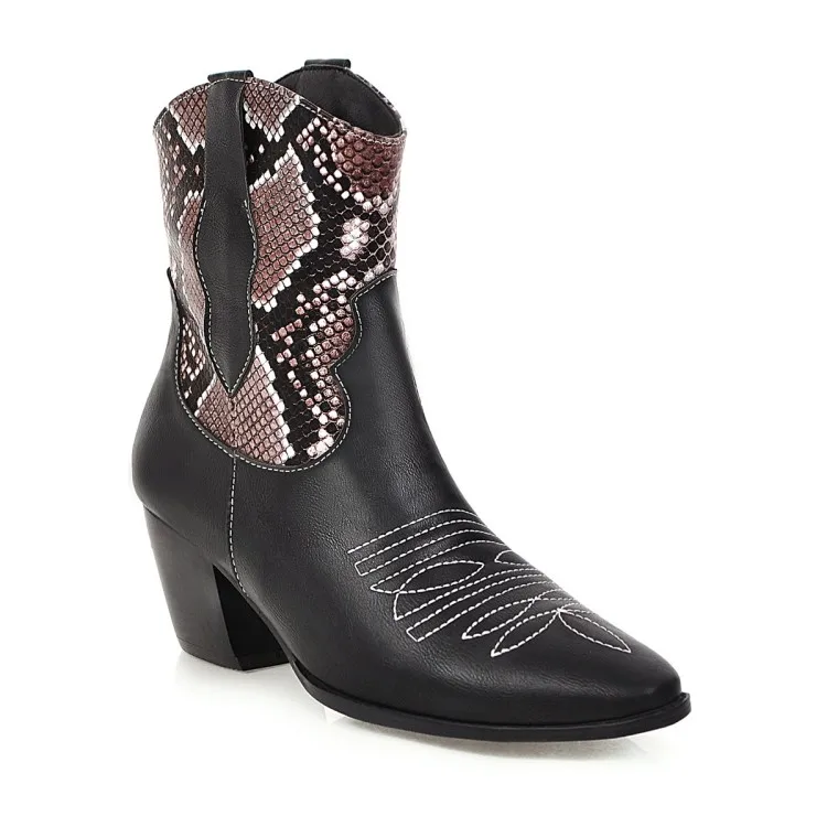 Ковбойские сапоги вестерн, женские кожаные ботинки со змеиным узором на высоком квадратном каблуке, ковбойские ботинки, ботильоны botasShoes