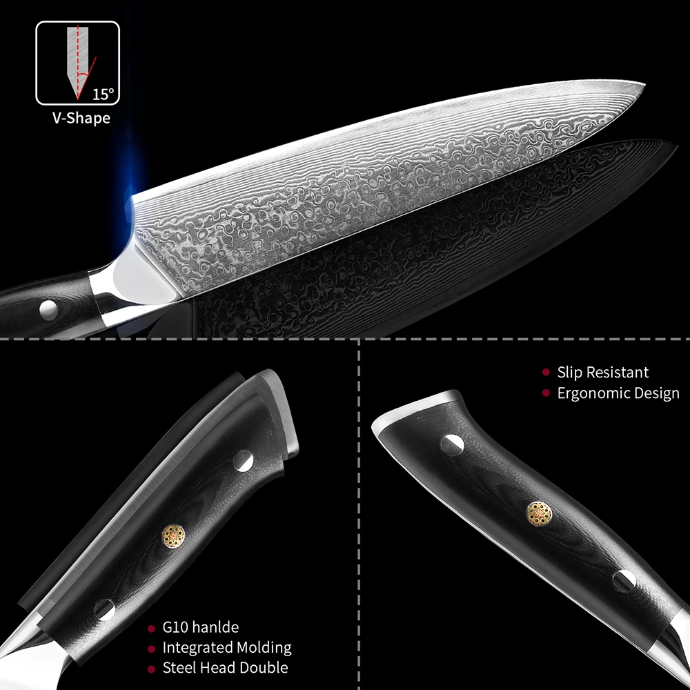 7-Piece Damascus Steel Kitchen Knife Set - Tsunami Collection - 67-Layer Japanese VG10 Steel - Chef's Knife, Cleaver Knife, Bread Knife, & More, Size