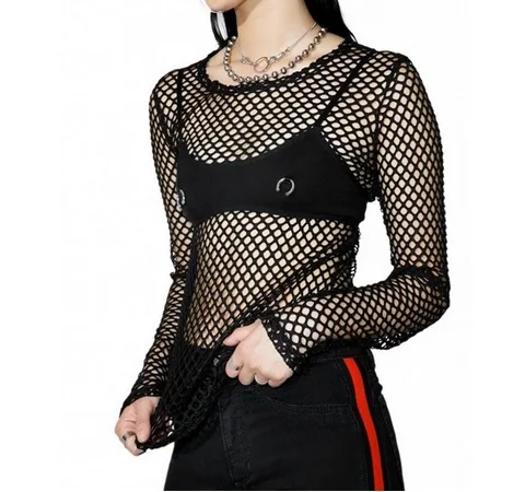 Ropa Sexy de manga larga para mujer, camisas de rejilla, blusas transparentes