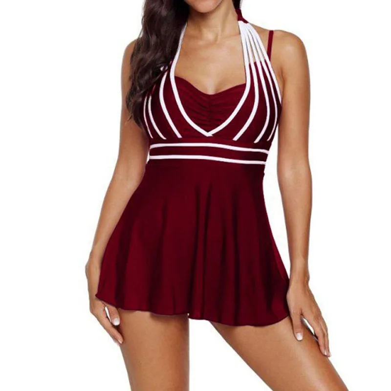 New Sexy Plus size 5XL Striped Halter Skirt Swimwear Women Two piece Suits Swimsuit Tankini Female Bathing suit Swimwear Dr - Color: Red