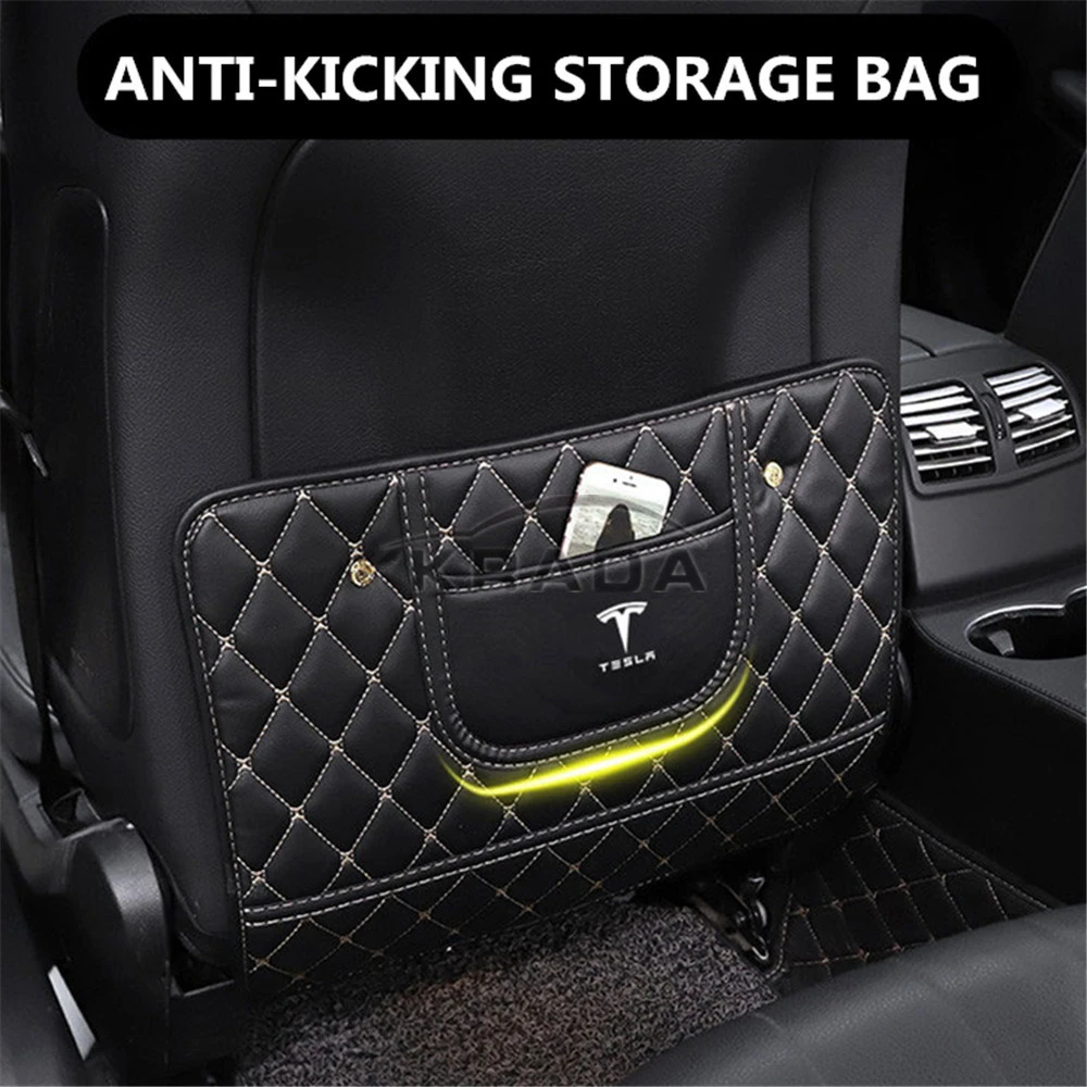 BASENOR/ Tesla Model 3 Model Y Leather Seat Back Kick Protectors Kick Mats with Storage Bag Black 1 Pack