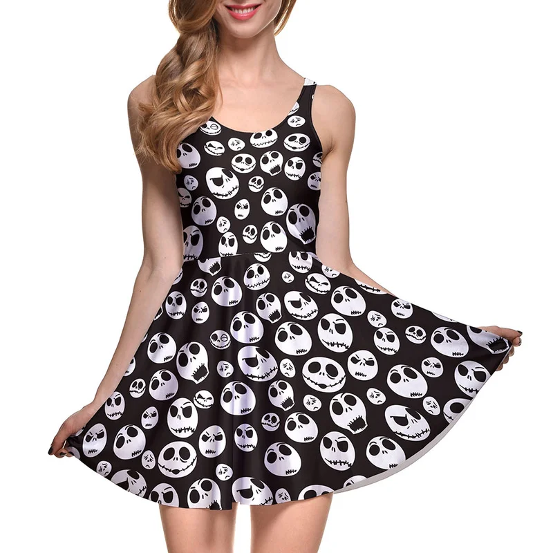 

Girls Halloween Dress Jack Skellington Nightmare Before Christmas Sleeveless Skater Pleated Dress Elastic Fitness clothes