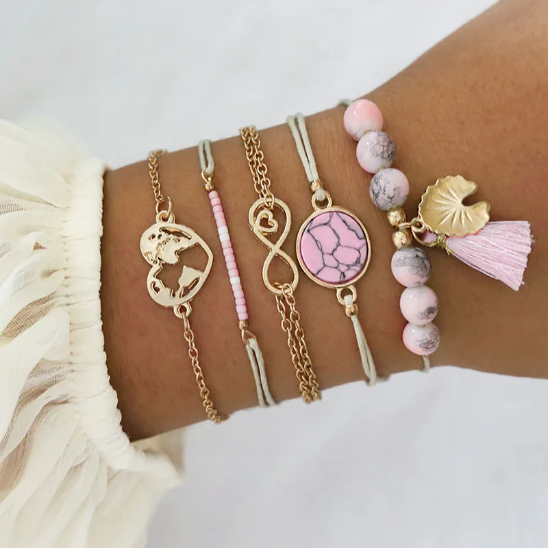 

5 Pcs/ Set Boho Bracelets Set Exquisite Heart Map 8 Words Gem Bead Tassel Chain Leather Gold Bangle Fashion Women Accessories