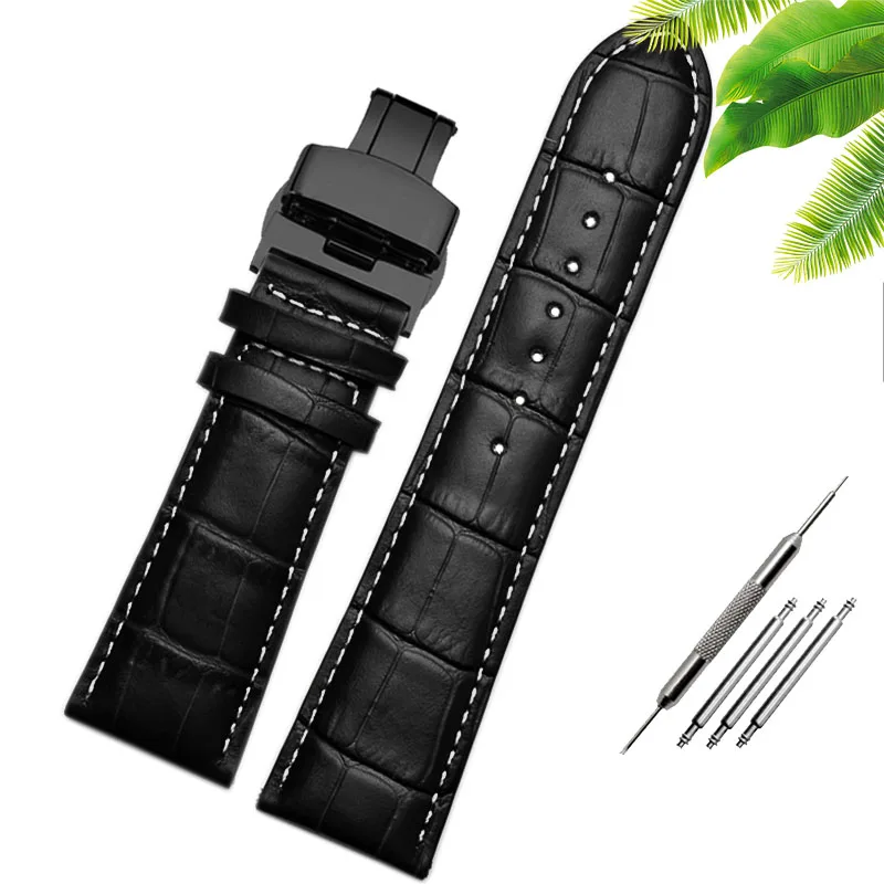 Wide Black & Brown Alligator Leather Watch Strap with Butterfly Clasp - Men's, Free Shipping