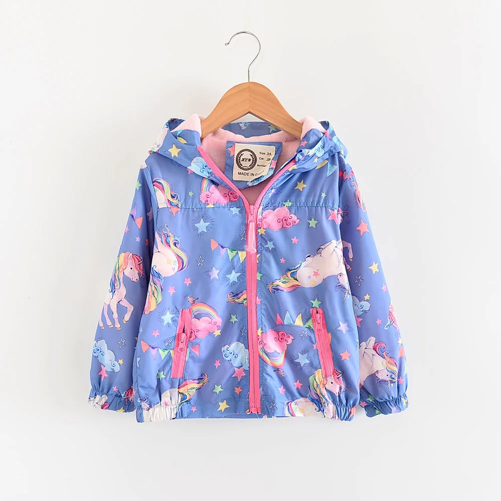 

Autumn Girls Jackets And Coats Hooded Unicorn Rainbow Pattern Kids Windbreaker Jackets Velvet Jacket For Girl Children Outerwear