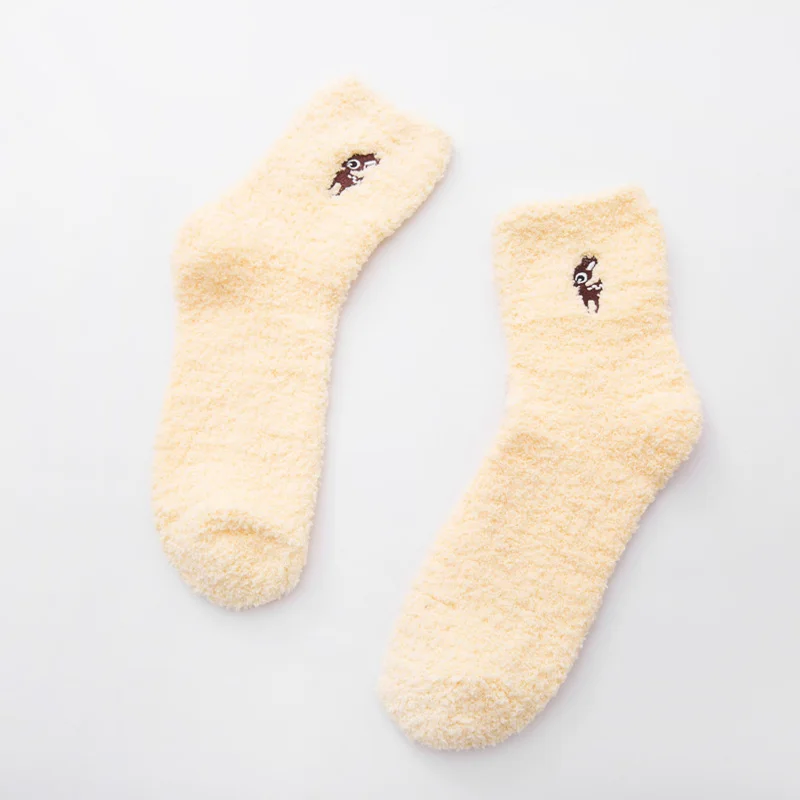 deer-yellow Jerrinut женские зимние теплые шерстяные носки милые коралловые бархатные пушистые носки Kawaii повседневные одноцветные домашние носки-тапочки 1 пара - Цвет: deer-yellow