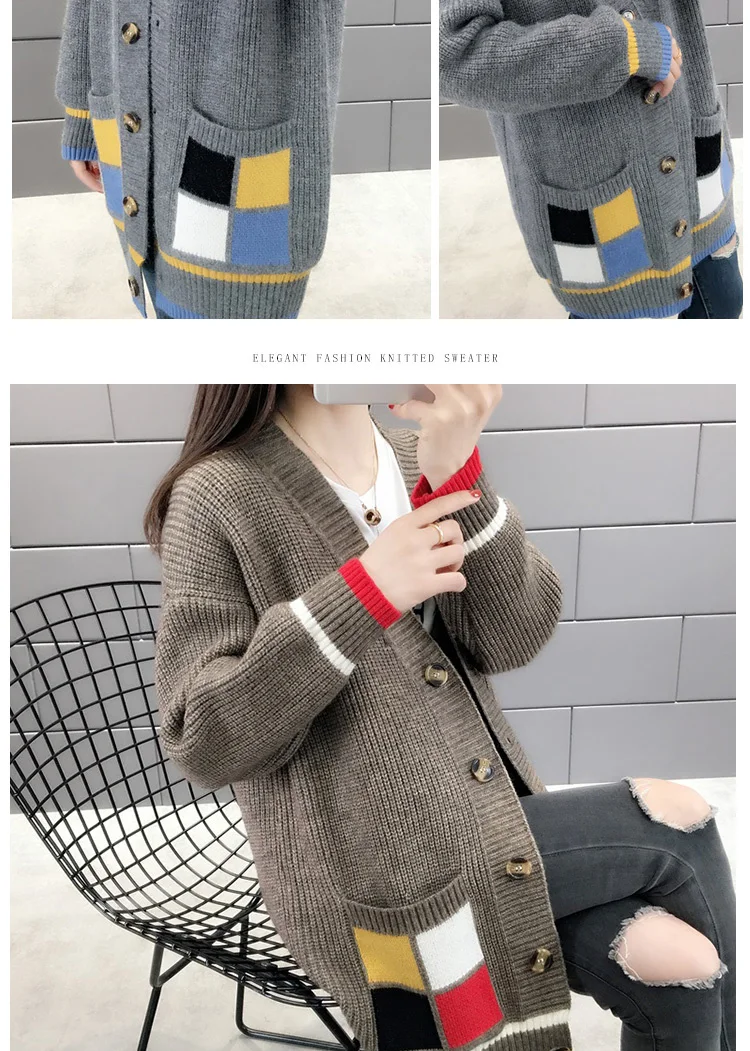Корейские демисезонные модные вязаные кардиганы, повседневный вязаный свитер в стиле пэчворк, женское длинное пальто, женская одежда, джемпер, топы