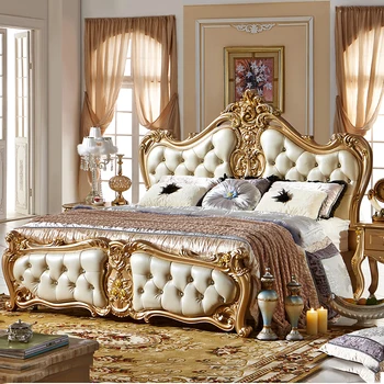 

antique European style Leather Bed, New American Solid Wood Double Bed, New Classical Bedroom And Wedding Bed
