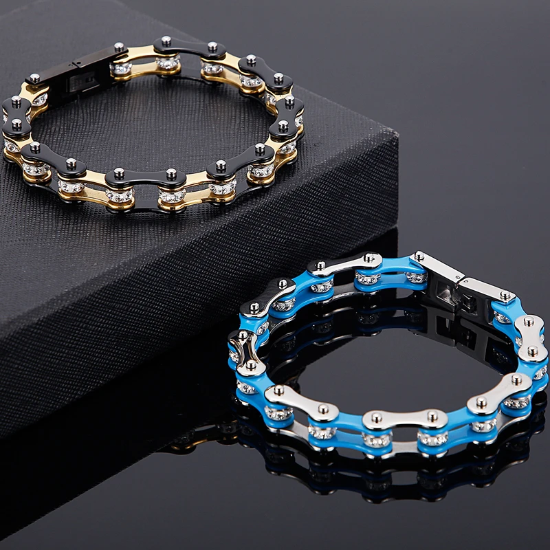 Mens Stainless Steel Biker Motocycle Chain CZ Crystal Heavy Bracelet Box #B220 Mens Stainless Steel Biker Motocycle Chain CZ Crystal Heavy Bracelet Box #B220