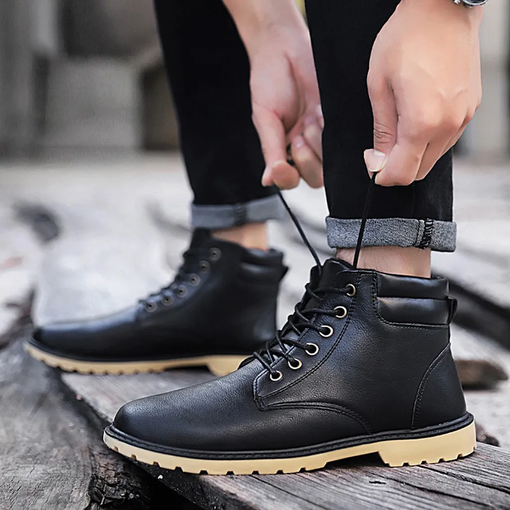 Low-heel Lace-up Men's Casual Lace Up Warm Ankle Motorcycle Boots Round Toe Outdoor Leather Male Student Shoes Zapatos De Hombre