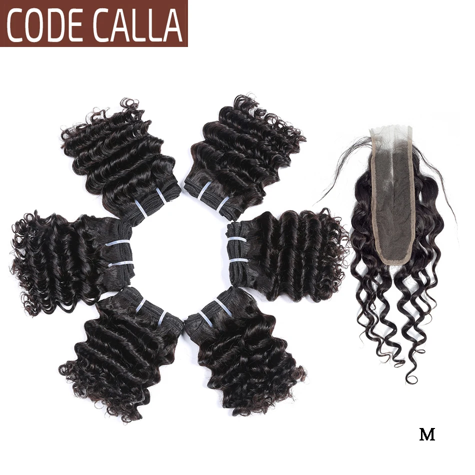 

Code Calla Deep Wave Bundles With 2*6 KIM K Lace Closure 6 inch Indian Remy Curly Human Hair Extensions Weft Natural Black Color